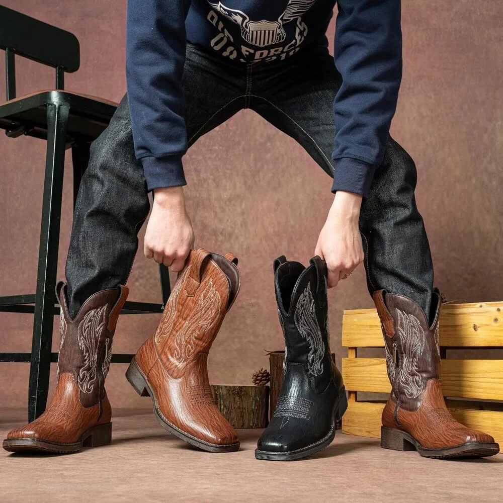 🆕Jousen Mens Amy8420-black Embroidery Retro Square Toe Chunky Heeled Boots - Picture 12 of 12